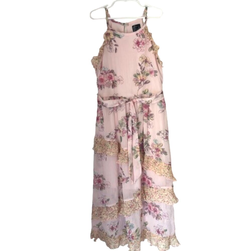 Pink & Violet Belted Pink Floral Contrast Ruffle Girls 12 Flowy Maxi Dress #M